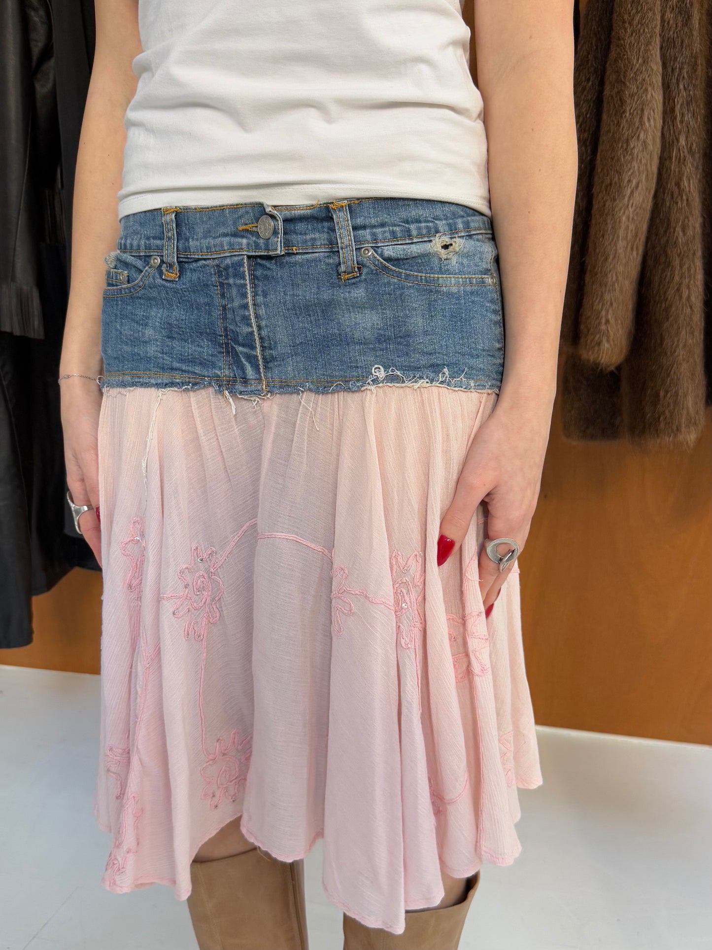 Denim Mixed Midi Skirt