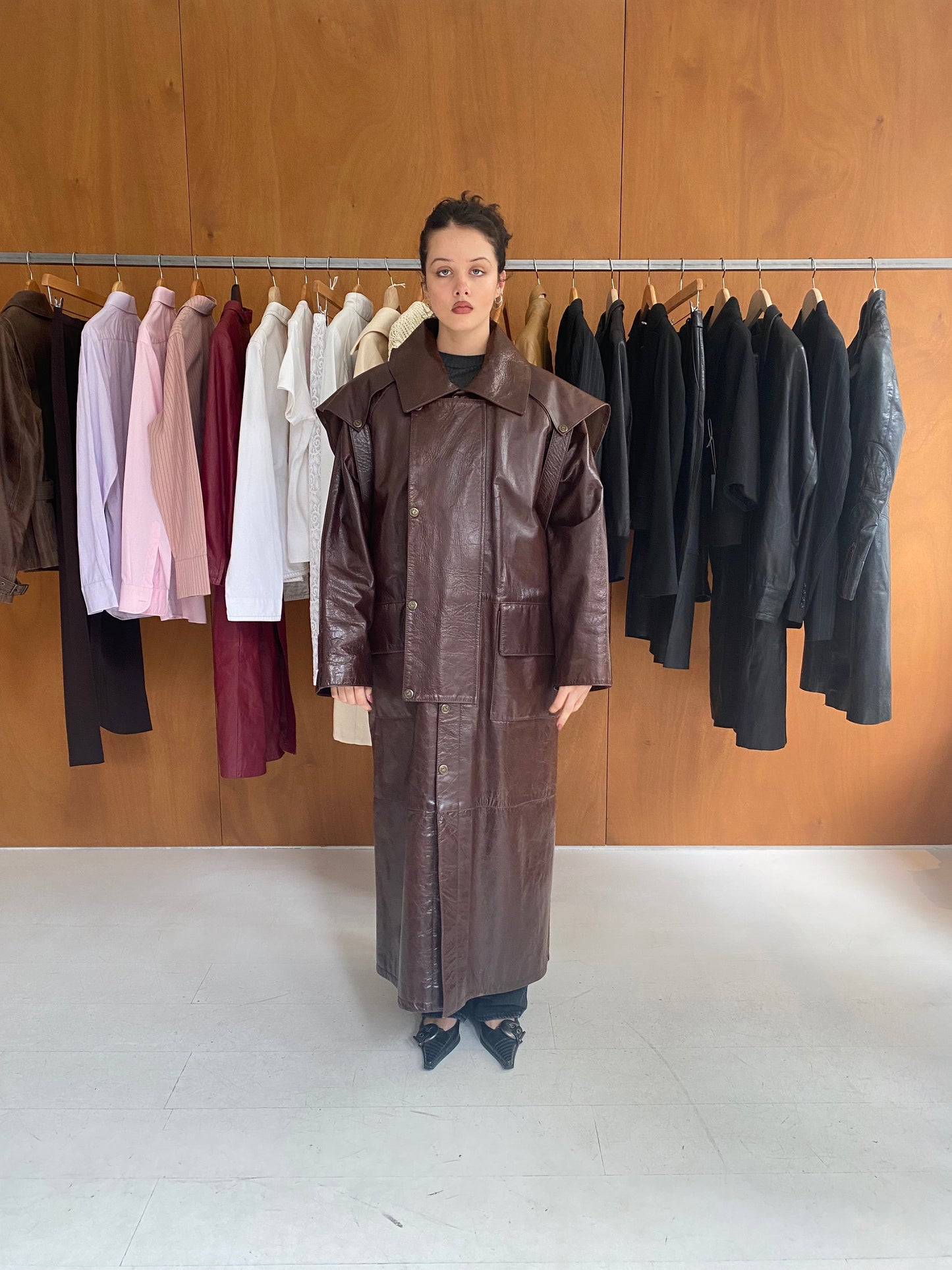 Brown Patent Detachable Leather Coat