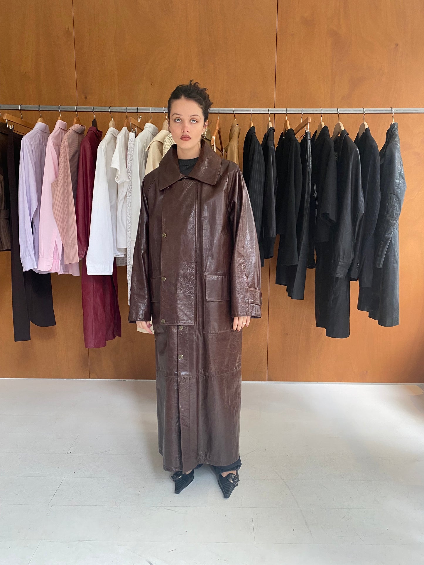 Brown Patent Detachable Leather Coat