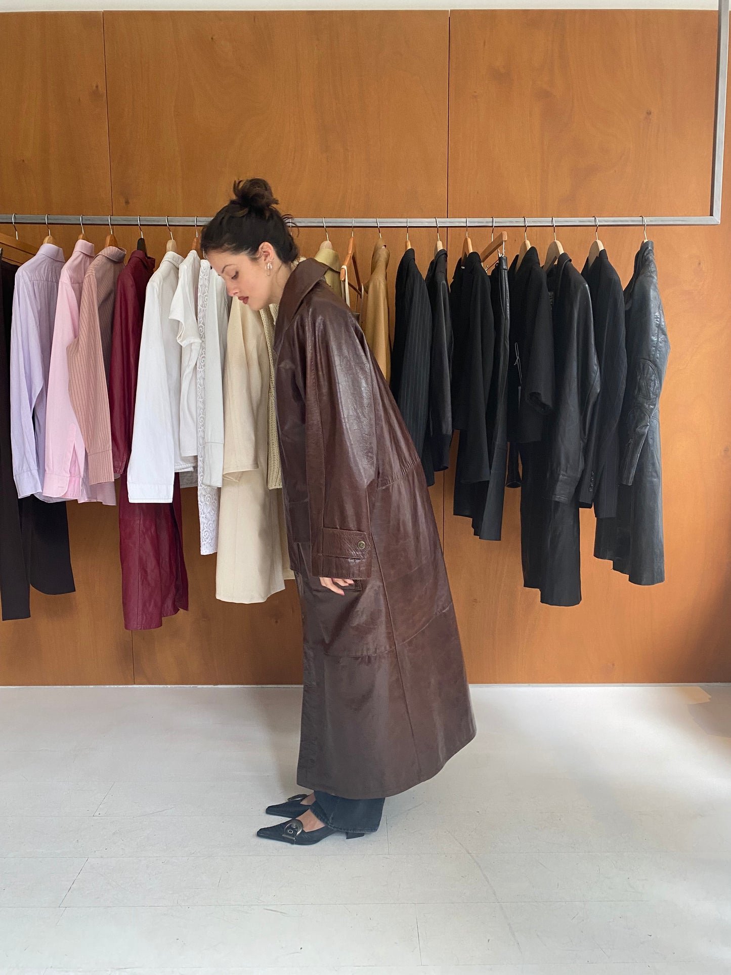 Brown Patent Detachable Leather Coat
