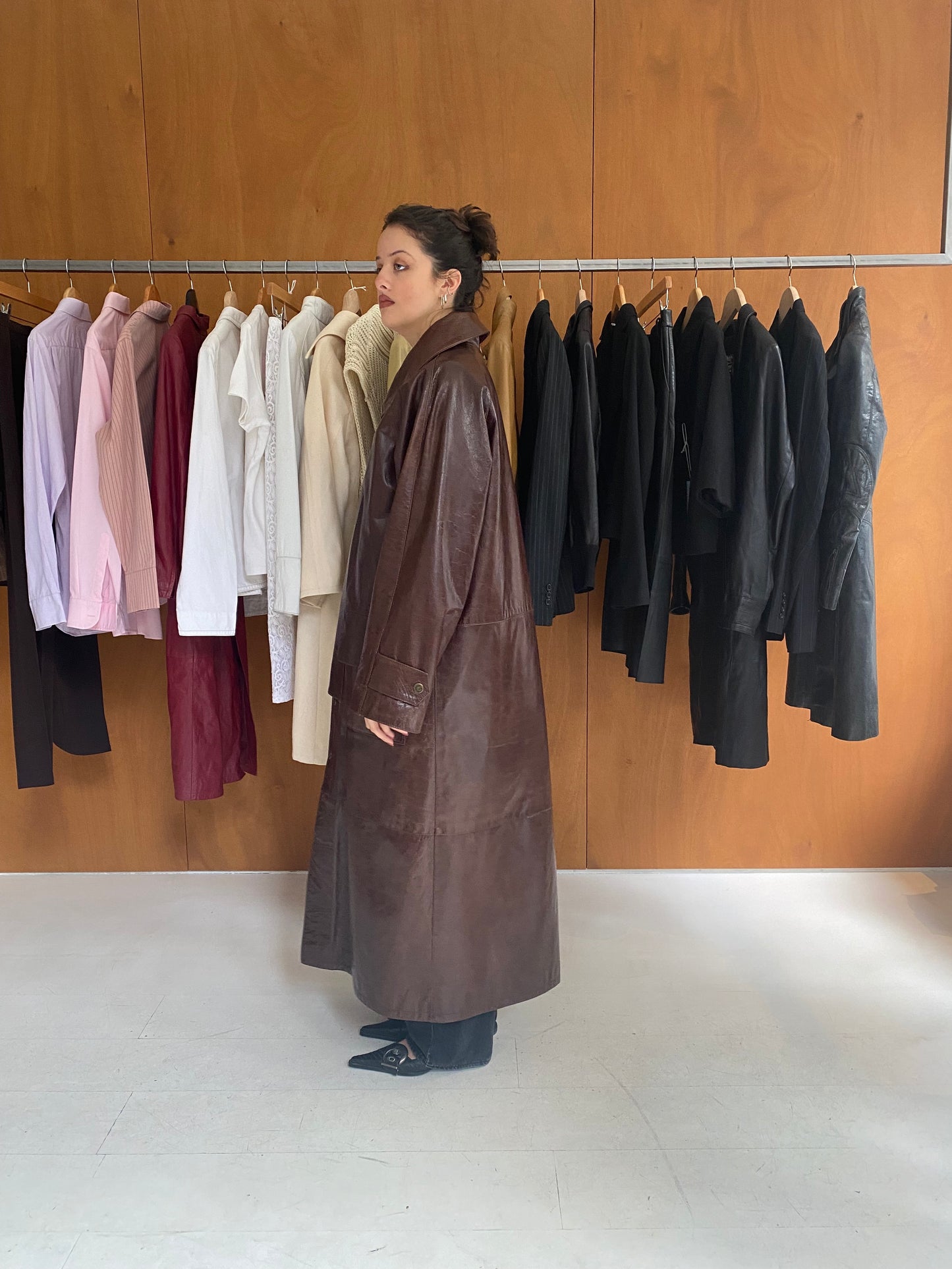 Brown Patent Detachable Leather Coat