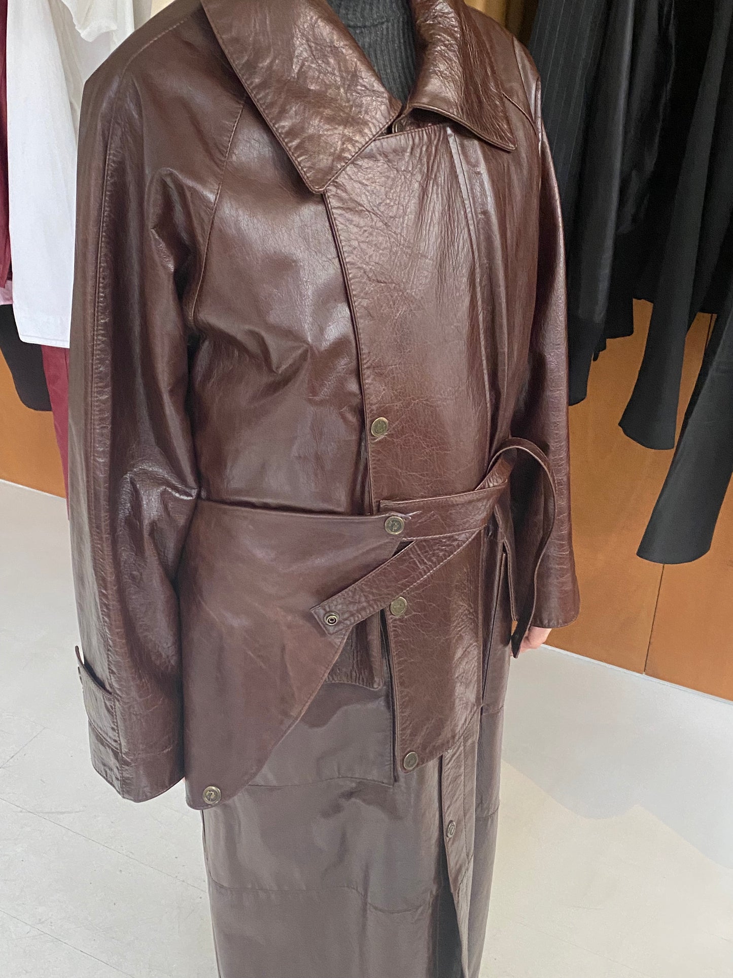 Brown Patent Detachable Leather Coat