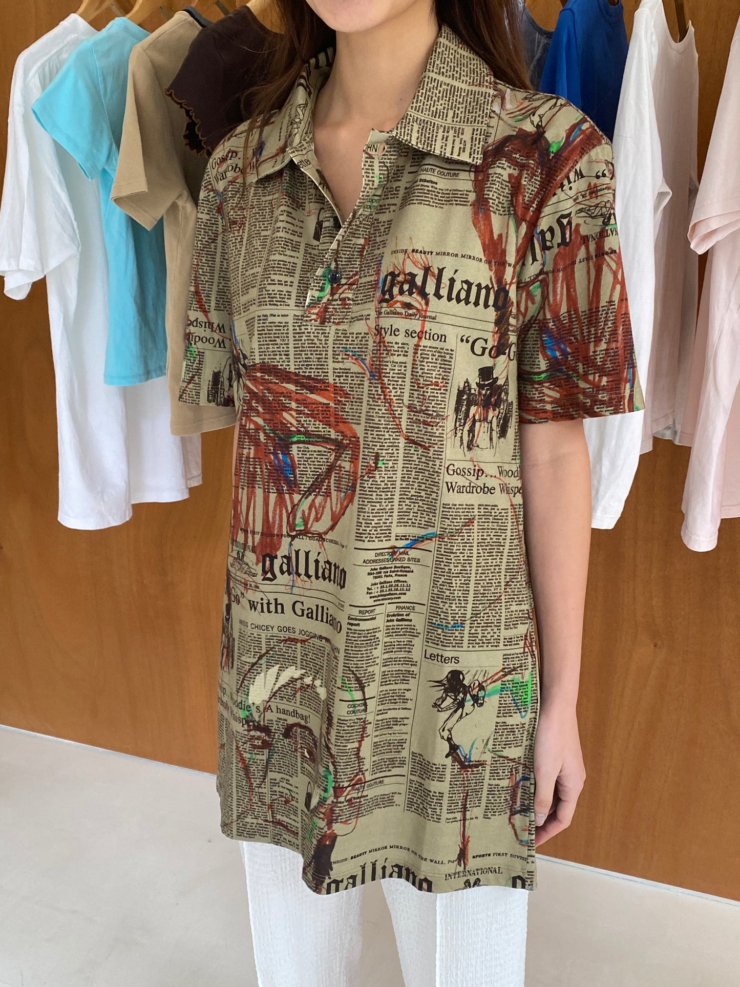 Galliano Newspaper Print Polo Shirt