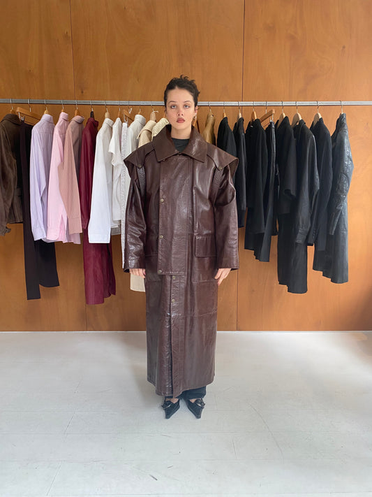 Brown Patent Detachable Leather Coat